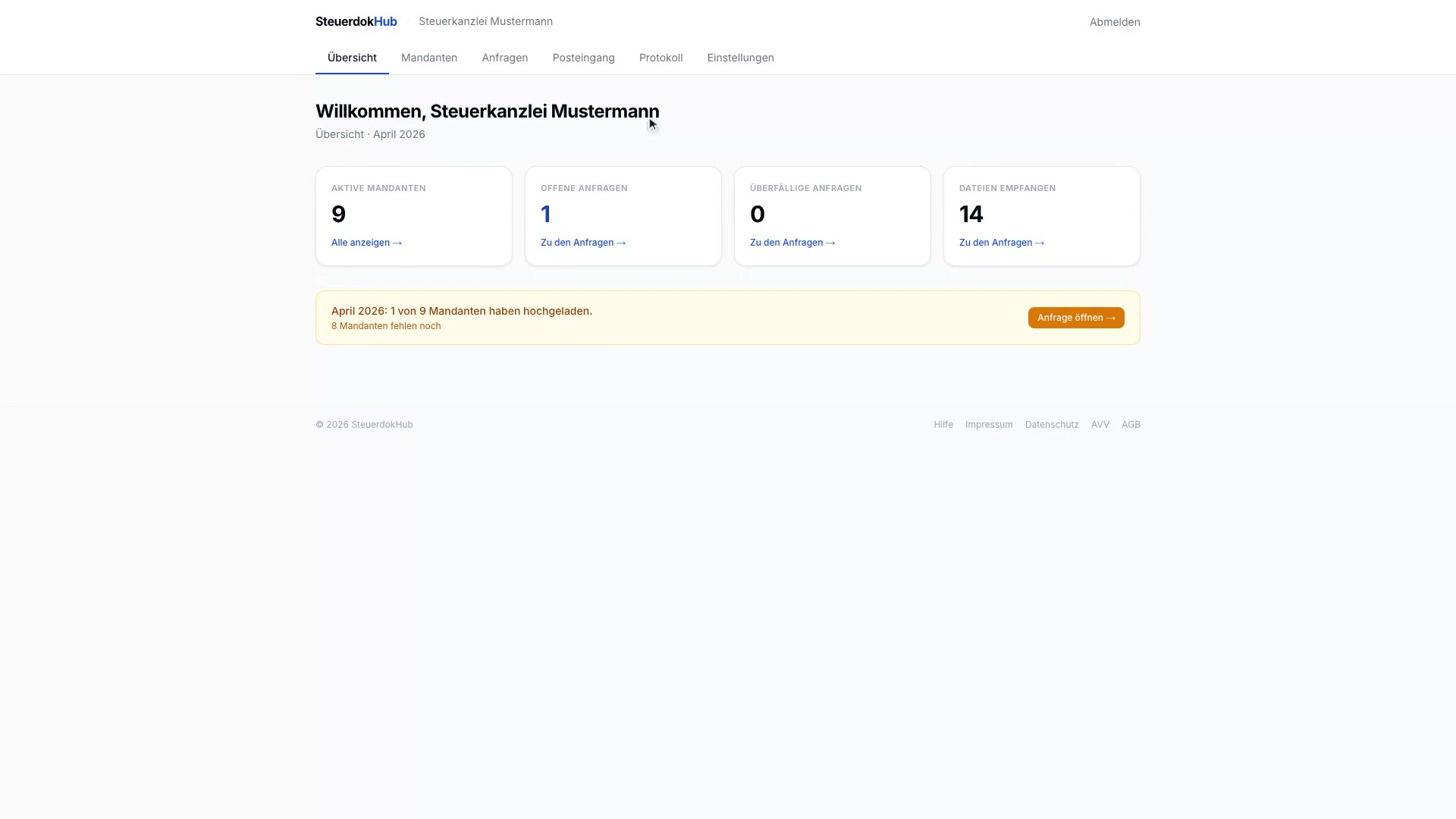 SteuerdokHub Kanzlei-Dashboard — Mandanten-Übersicht mit Belegstatus